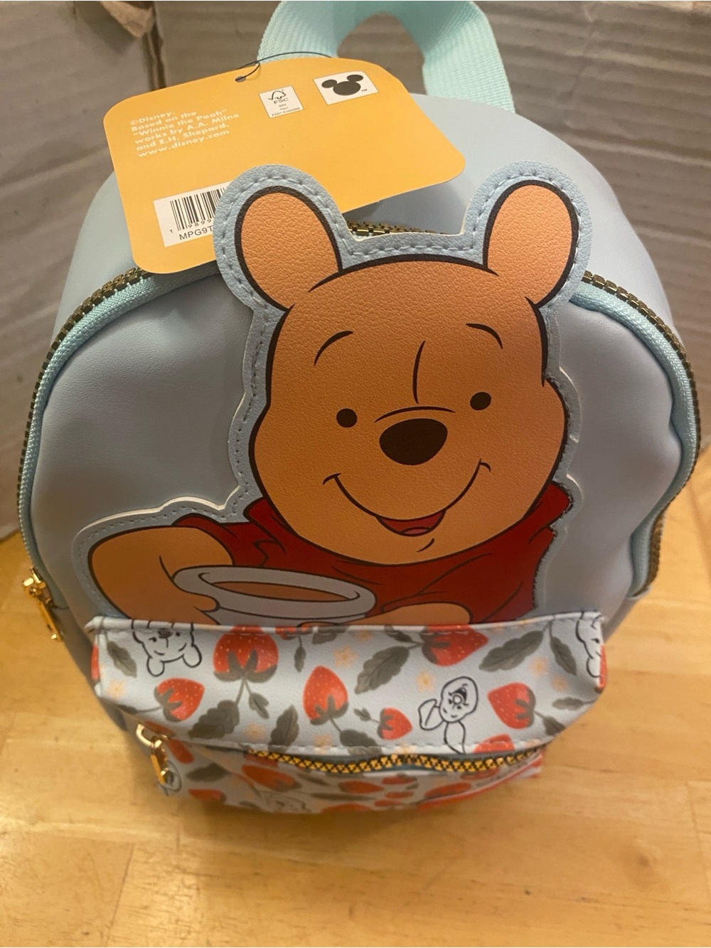 Disney Winnie the Pooh Blue mini Backpack w front zippered pocket w strawberries - Picture 2 of 7